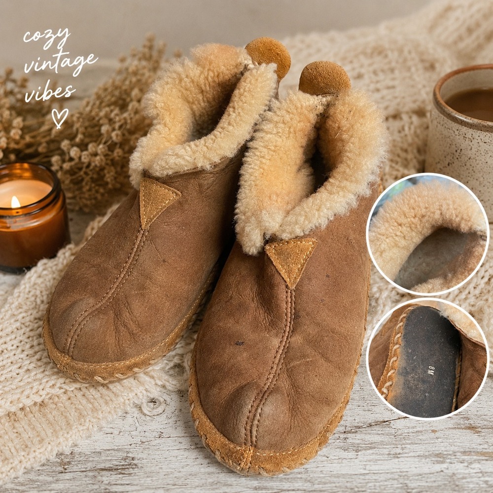 Vintage Shearling Leather Slipper Boots Womens Size 8 Brown Cottagecore